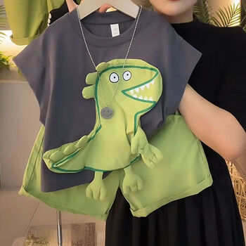 衣服男孩夏天宝宝夏季套装男童韩范可爱夏装1岁儿童无袖灰色立体恐龙