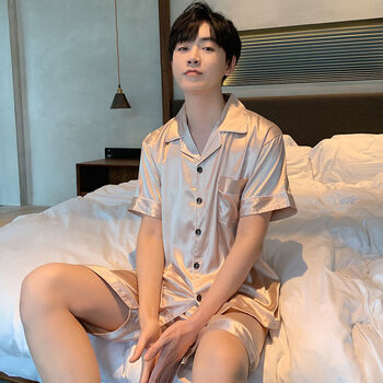 男士睡衣冰丝短袖短裤夏季超薄款青少年学生家居服夏天宽松大码居家服