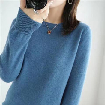 羊毛衫女针织圆领秋冬新款短款加厚宽松低领纯绒打底毛衣雾蓝3xl1401