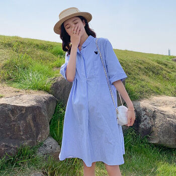 fqaq孕妇裙夏季加孕妇连衣裙夏季中长款韩版宽松时尚条纹衬衣天蓝色