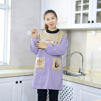 长袖纯棉围裙时尚可爱带袖罩衣家用厨房大人女士工作服qwq纯棉纽扣