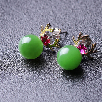 刘金福珠宝一路鹿有你s925银和田玉碧玉耳环耳钉麋鹿新款简约潮耳饰