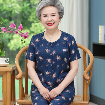 模述老奶奶夏天加肥加大棉绸衣服衬衣夏款套装短袖女中老年人老太太
