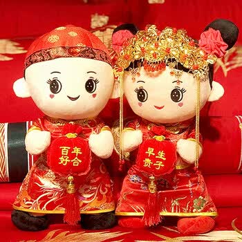 迪士尼中式压床娃娃一对婚庆结婚礼物情侣公仔金童玉女喜娃婚房摆件