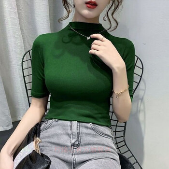 t恤女半高领上衣内搭打底衫中高领女春秋款纯色针织中袖修身墨绿色s85