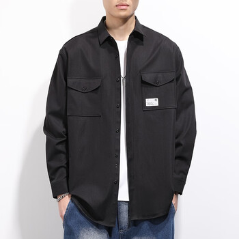 梵侈赫尔轻奢品牌新款复古工装长袖衬衫男春秋季黑色感衬衣宽松大码