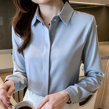 2022夏季新款缎面白衬衫职业时尚正装衬衣职场女装长袖上衣浅蓝色2xl