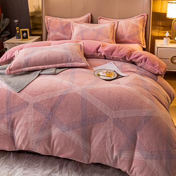 加厚牛奶绒四件套冬季珊瑚绒双面加绒被套法兰床笠床上用品百变魔方粉