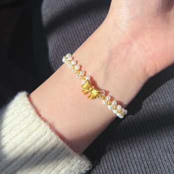 蝴蝶结珍珠项链女士新款黄金在逃公主金珠编织吊坠送女友 蝴蝶结手链