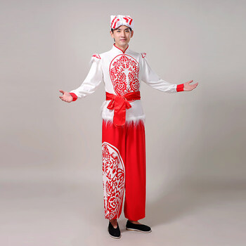 陕北民歌装扭秧歌服装男款安塞腰鼓传统广场舞民族秧歌舞 白衣红裤长