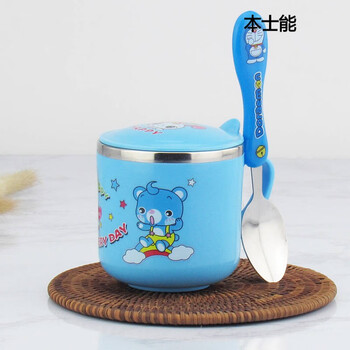 本士能卡通儿童口杯304不锈钢带手柄带盖幼儿园防溢防摔随手喝水杯