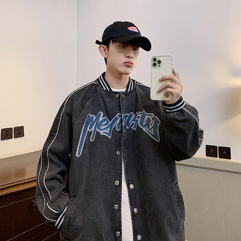 棒球服男易穿搭高街百搭痞帅牛仔学生男孩衣服15岁到17岁春天外套黑色