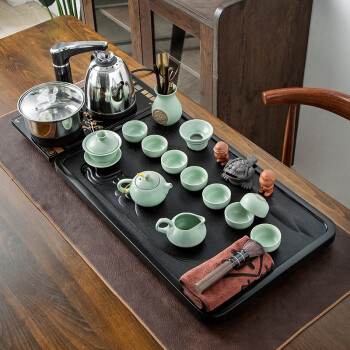 四美堂茶具套装家用乌金石茶盘整块茶台功夫茶具全自动茶艺炉茶台套装