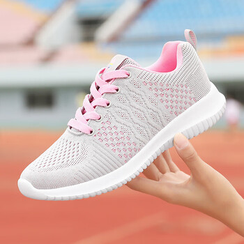 yabg春季妈妈休闲运动鞋舒适老人鞋女防滑软底轻便中老年健步鞋灰粉35