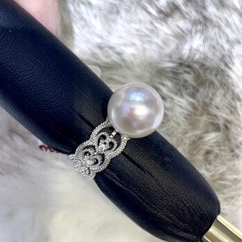 白新端淡水爱迪生珍珠戒指指圈指环赛澳白925银蕾丝宫廷风正圆强光 12