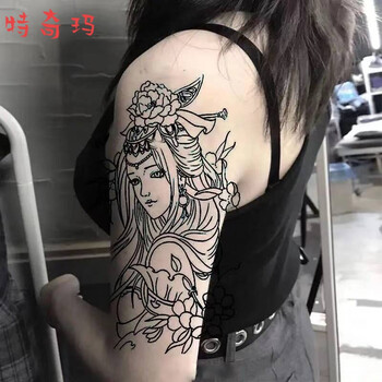特奇玛纹身贴洗不掉割线虞姬线条刺青色艺花臂小腿纹身贴貂蝉滴泪艺伎