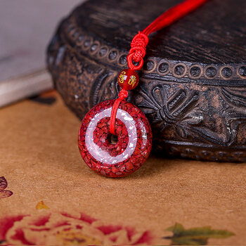 朱砂官方透光晶体砂平安扣吊坠男女款本命年锁骨链红色挂件 大号红绳