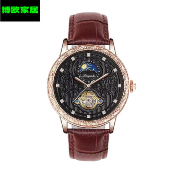 酷奇象日月星辰镶钻带防水手表男士潮流大表盘陀飞轮镂空机械表 棕带