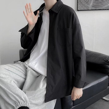 新春秋款衬衫男士纯色长袖衬衣痞帅外套很仙简约港风男士衬衫外黑色m