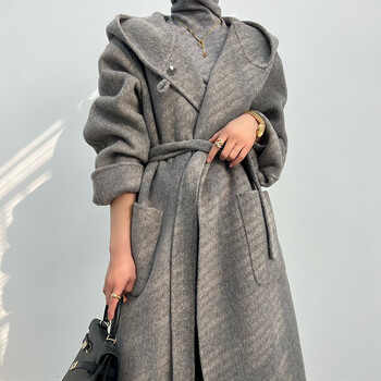 大衣2023年新款加厚羊绒毛呢外套连帽款羊毛外套灰咖色xs100到130斤