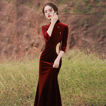京舰旗袍鱼尾连衣长袖酒红色丝绒旗袍新款红色改良 夜莺酒红 m