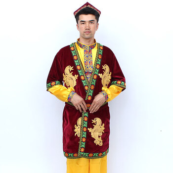 樵廿维吾尔族服装男新疆民族舞蹈服维族舞广场舞民族舞蹈长马甲套黄色