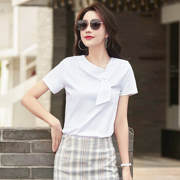 郡紫布女士简约半袖上衣女夏季丝光棉修身短袖t恤纯棉质夏装百搭休身