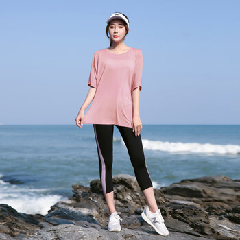 运动套装加肥加大码200斤宽松健身速干瑜伽衣服粉色上衣紫色边七分裤l