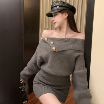 flycarp名媛性感一字肩连衣裙女纯欲露肩一字领毛线收腰包臀短裙女装