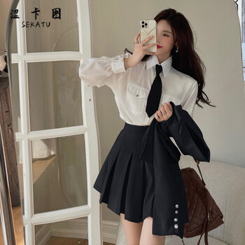 炸街学院jk制服西装百褶裙子两件套小个子白色衬衫配领带黑色百褶裙m