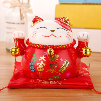 储蓄罐小号陶瓷实用家居创意摆件小礼品发财猫生日礼物 红色 健康富贵