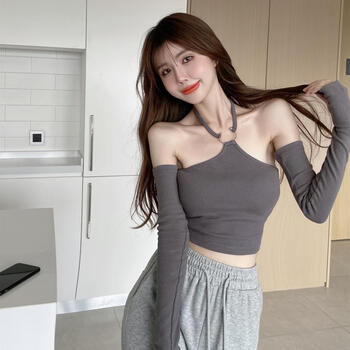 女主播直播衣服套装女主女主播性感上衣服装上镜一字领露肩挂脖短款