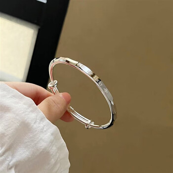 周大福同款足银999lucky幸运手镯女实心光面字母银镯子幸运花手环 (约