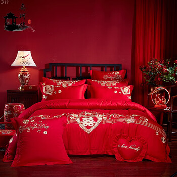 宏科华品牌结婚四件套大红色刺绣纯棉龙凤新婚被房床上用品2021新款