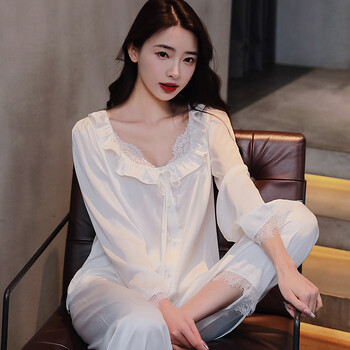 春秋季冰丝长袖睡衣女式蕾丝花边纯色甜美夏天薄款开衫家居服白色m