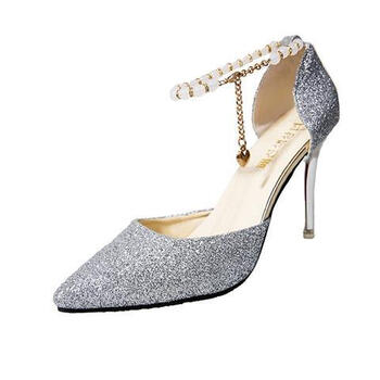 鞋水晶鞋儿童高跟鞋模特走秀鞋大童演出鞋女孩礼服鞋皮鞋银色8厘米39