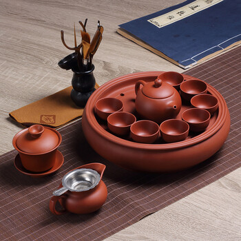 茶具套装功夫茶具套装10寸紫砂茶具整套简约圆形储水式纯红八小杯套装