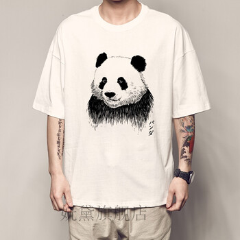 大学生春季夏季个性熊猫五分袖t恤动物图案简笔画素描日系衣服定制
