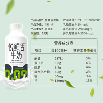 落蓝悦鲜活a2型鲜牛奶更易吸收儿童营养早餐奶450ml*12瓶装整箱 10瓶