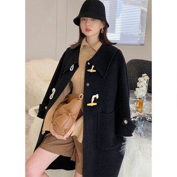 大衣女冬款牛角扣双面羊绒秋冬款中长款双排扣高端海军领双面尼外套