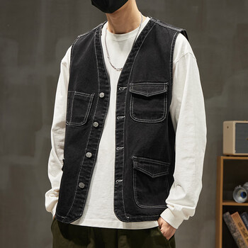 背心百搭牛仔马甲秋季新款无袖褂子潮牌男装外套男工装上衣服黑色2xl