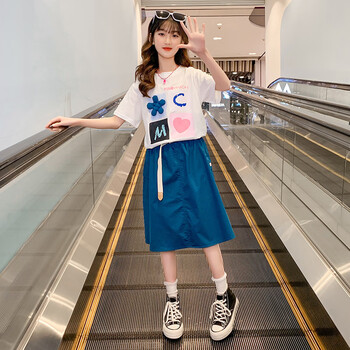 靓曼格儿童夏季童装女童套装新款10岁女孩衣服中大童短袖花朵裙子两件