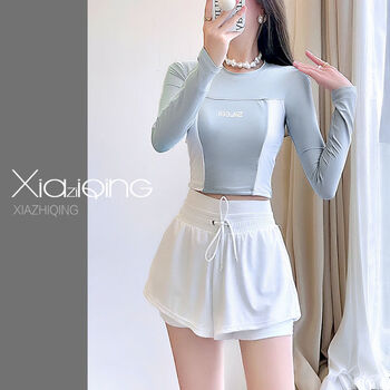 泳衣女泡温泉2022新款显瘦遮肚保守游泳馆专用长袖冲浪游泳装 蓝白 s