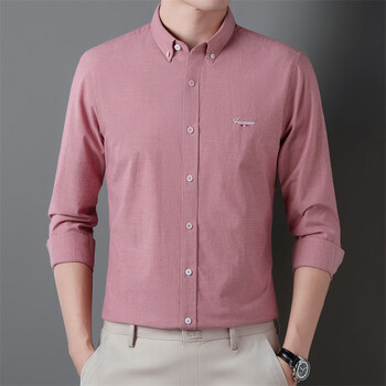 衬衣2024春秋纯棉衬衫休闲长袖外穿衬衫男式免烫商务上衣男装粉色165