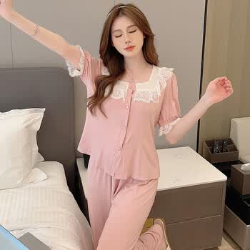 夏季莫代尔棉短袖长裤套装蕾丝花边甜美减龄显瘦杏粉色s码建议8095斤