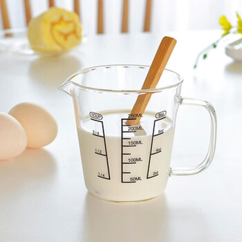 量杯 带盖儿童牛奶杯带刻度微波炉早餐水杯透明杯子 250ml广口无盖(发