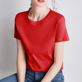 t恤女130支双面棉丝光棉短袖冰丝纯色体恤半袖打底衫中国红130支精梳