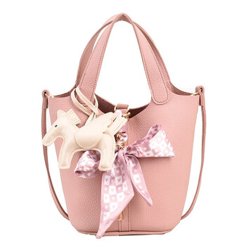 酷日常便携通勤手提小包包女潮春夏简约荔枝纹水桶包小众手提包 粉色