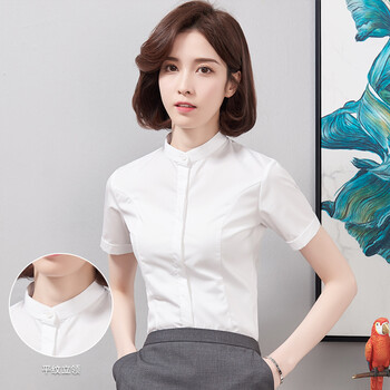 白色衬衫女短袖职业韩版修身小领工装正装衬衣女装工作服tjh白色立领l