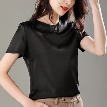 诗晗柔真丝短袖女圆领22年春夏新款纯色t恤宽松显瘦桑蚕丝上衣女黑色m